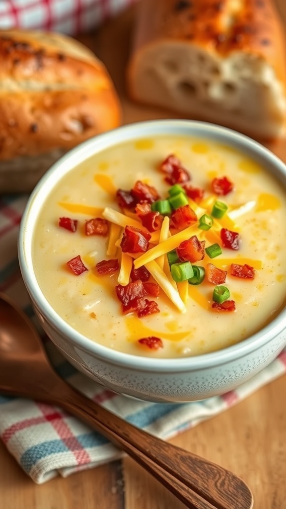 A bowl of creamy baked potato soup topped with bacon and cheese, served with crusty bread.
